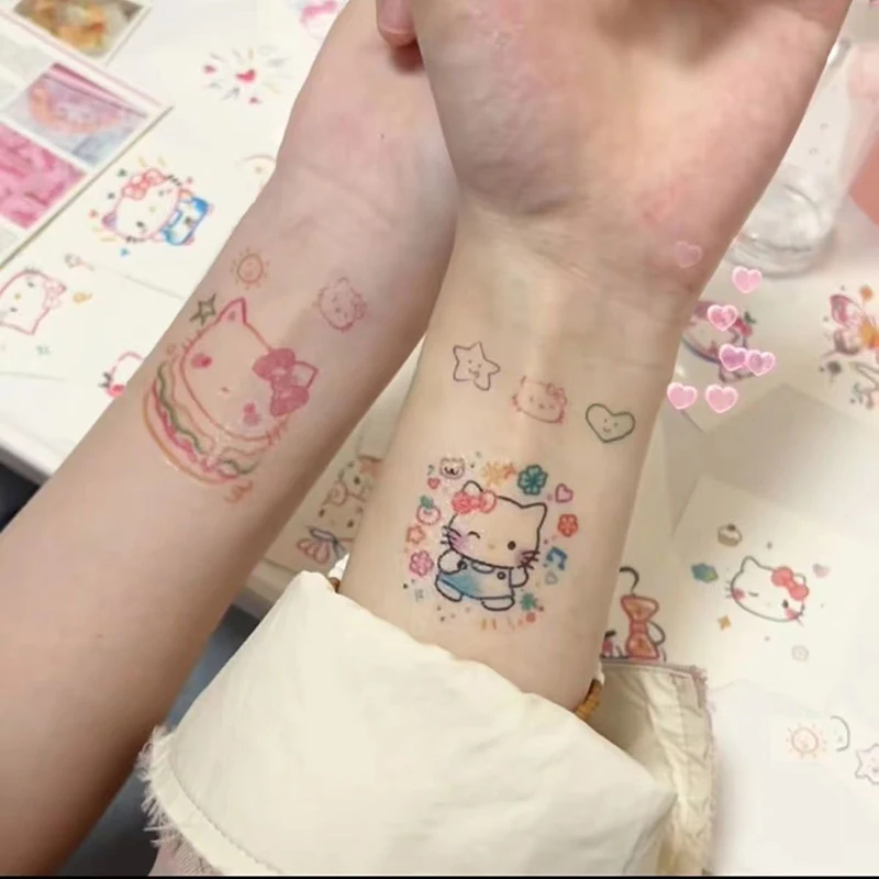 Hello Kitty Sanrio Kawaii Anime Summertime Waterproof Disposable Tattoo Sticker Cute Sweet Cartoon Flower Arm Decal Gifts Girls