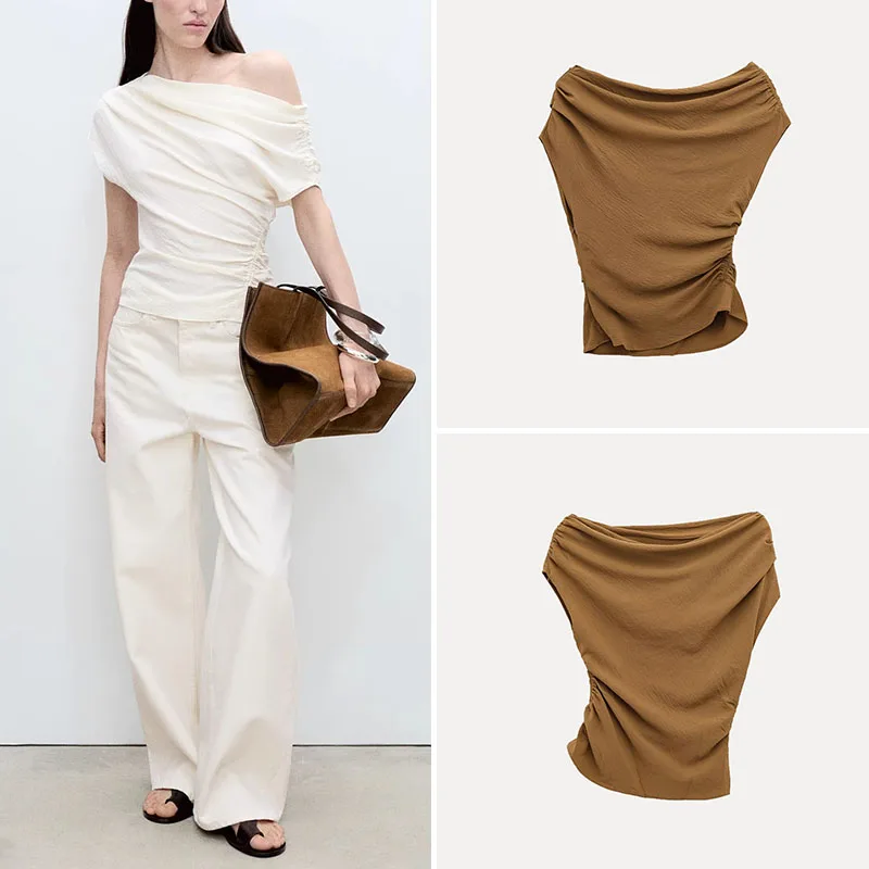 Spring 2025 Women's Street Style Asymmetric Shoulder Gathered Waist Top Polyester Fiber 100% ZADATA Brand New Arrival