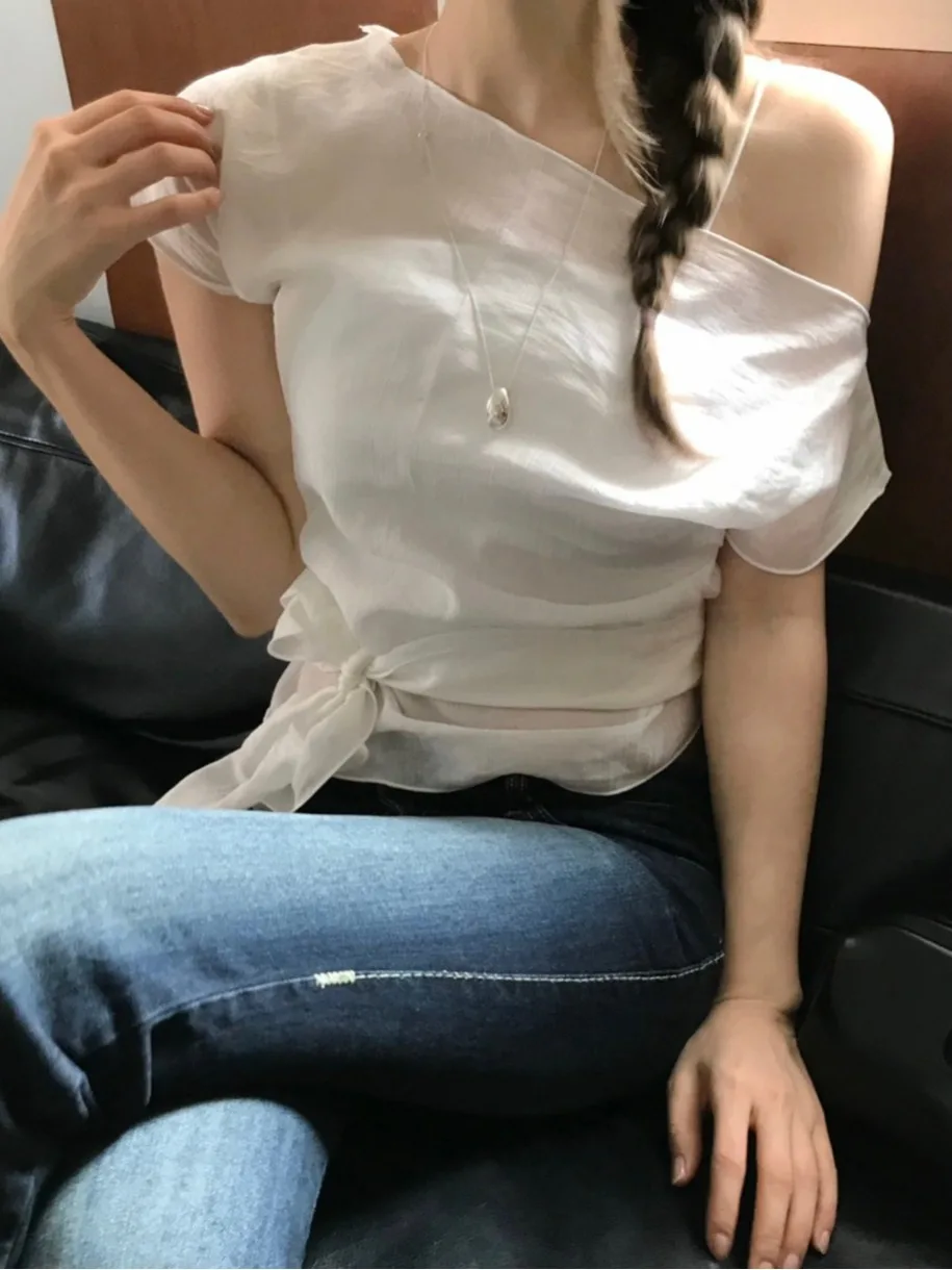 Slimming Effect Shoulder Bared Micro Transparent Thin Design Belted Waist Enhancing Shirt Korean Style Women's Spring Autumn ...