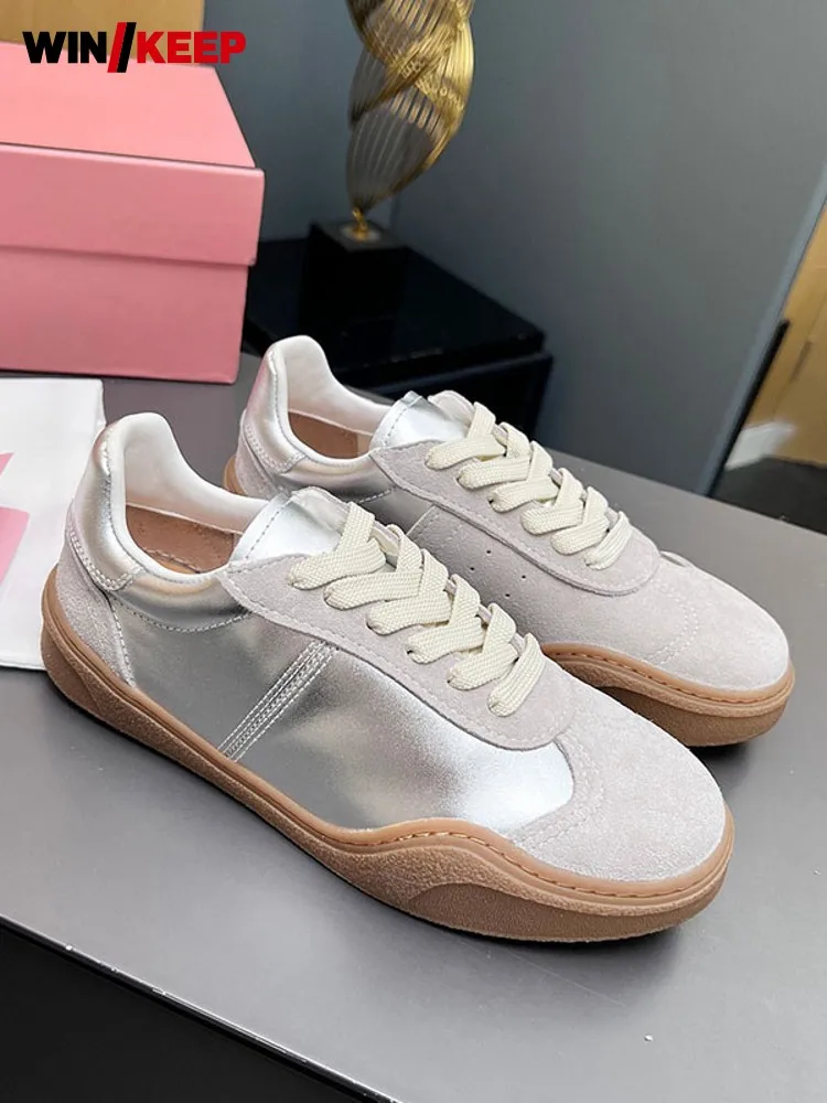 

Women Spliced Cowhide Genuine Leather Outdoor Running Shoes Lace Up Low Cut Jogging Training Sneakers Thick Platform Sport Shoes