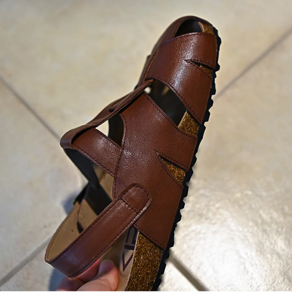 Women Dark Brown Genuine Leather Roman Sandals Woven Closed Toe Slingback Cork Footbed Antique Brass Buckle Flat Shoes view 5