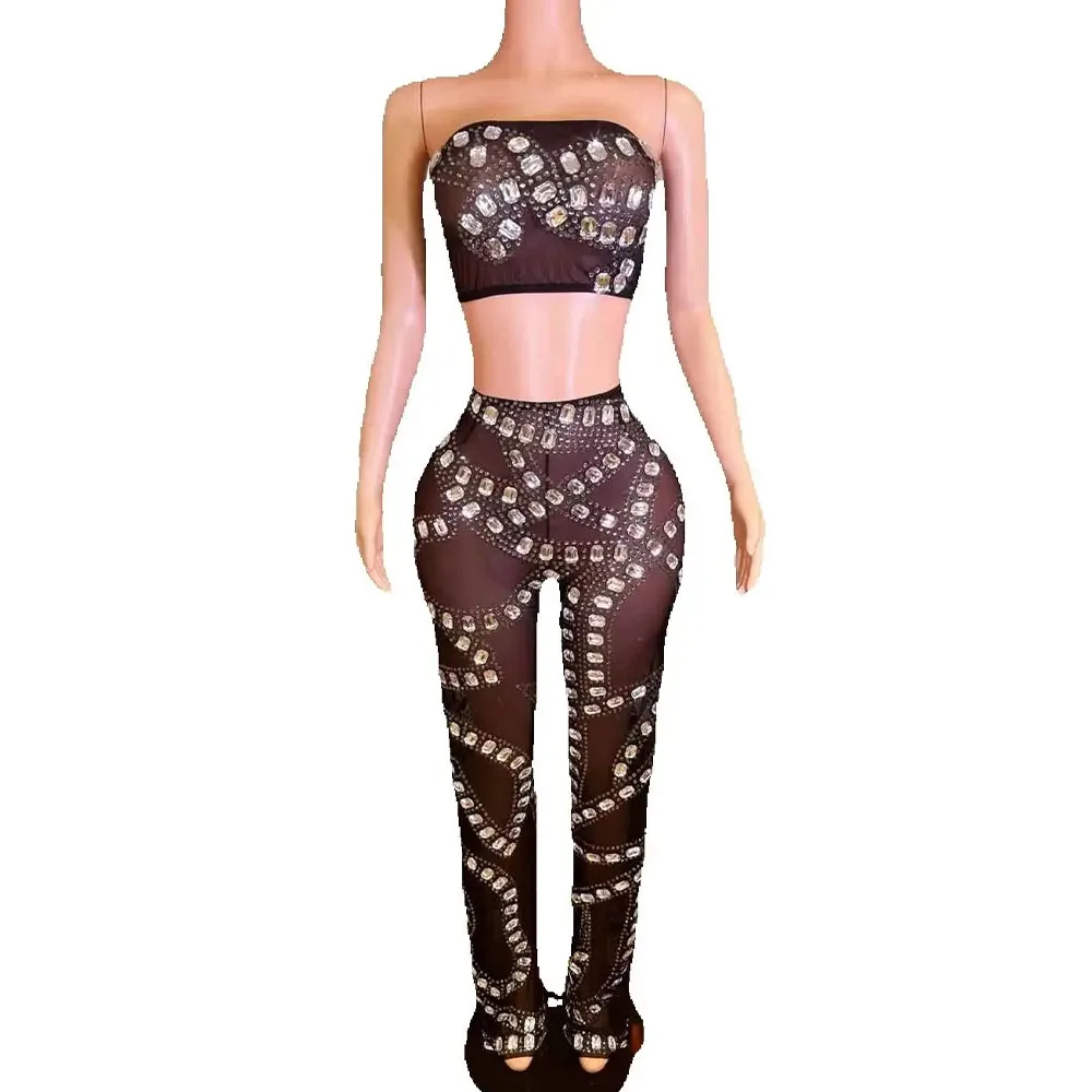 

Women Sexy Black Mesh Tight Rhinestone Strapless Top Split Pants Nightclubs Bars Birthday Parties Performance Costume Stage Wear
