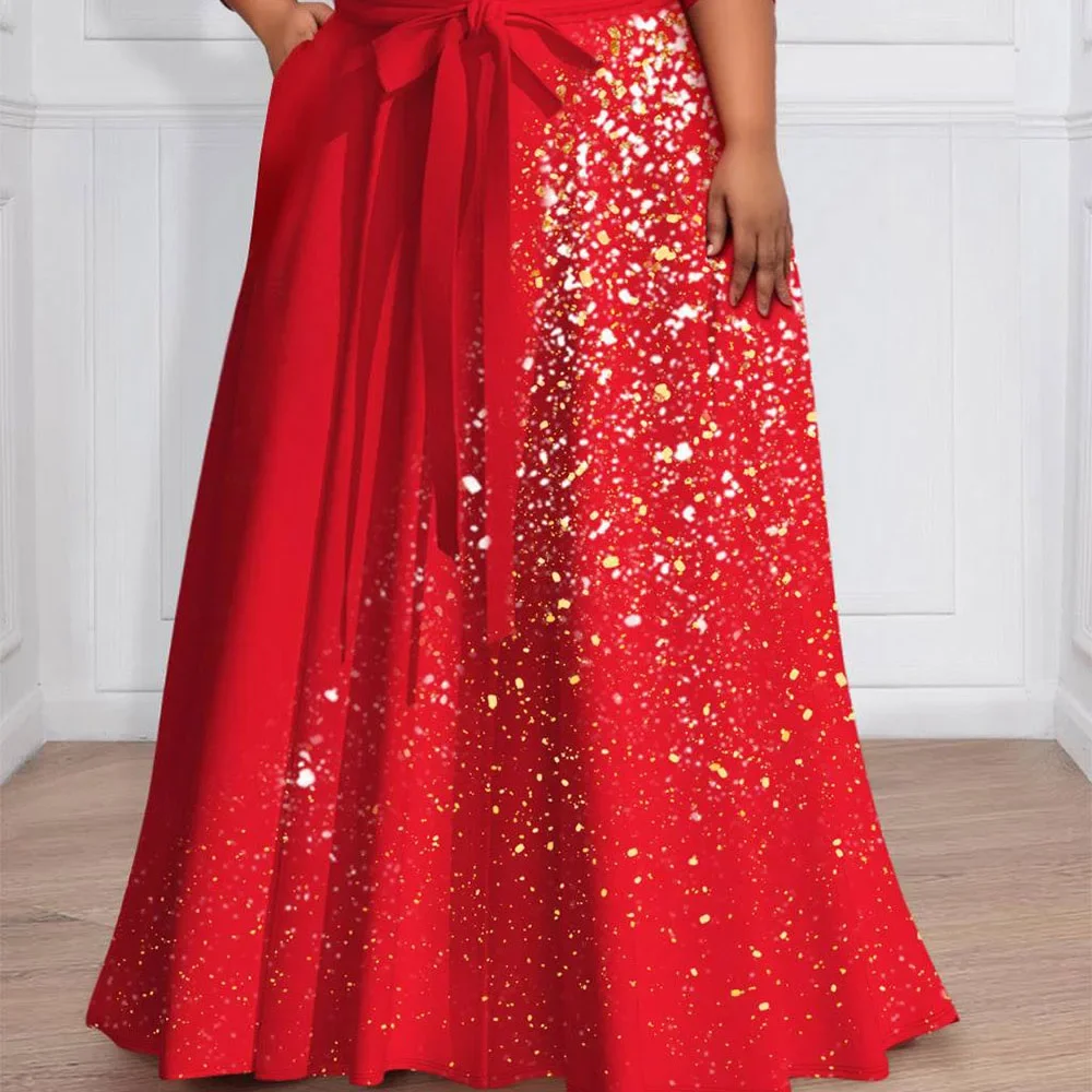 Plus Size Women‘s Evening Party Red Gradient Sequin Fall Winter V Neck 3/4 Sleeve Wrap Knitted Christmas Maxi Dress With Pocket