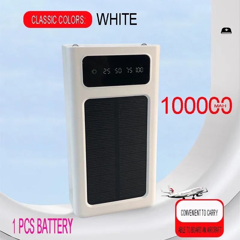 

100000mAh wireless charging solar power bank with 4 outputs and built-in flashlight, suitable for outdoor emergency white