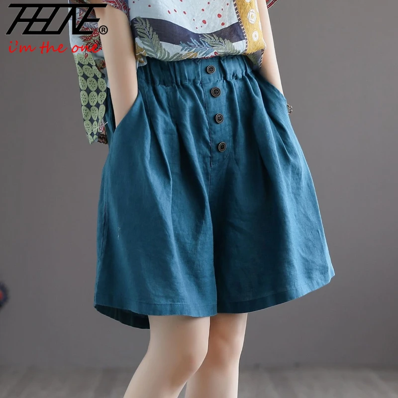 

Летние модные шорты THHONE для женщин: тонкие, свободные, на пуговицах, из хлопка и льна, повседневные, однотонные, длиной до колена, с широкими штанинами