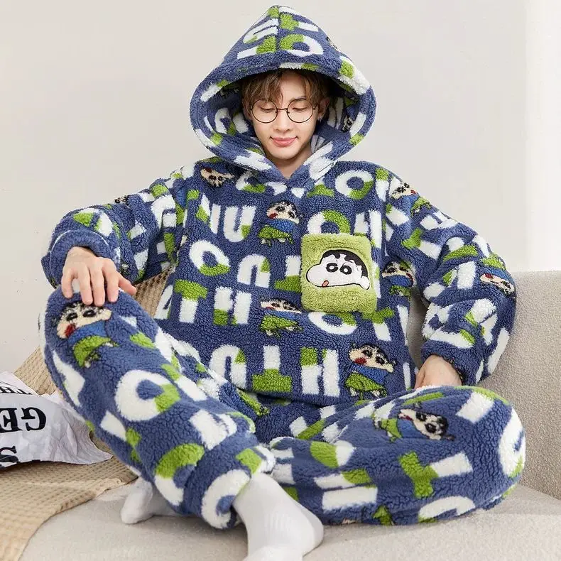 Crayon Shinchan Pikachu Hooded Pajama Set Winter Thick Coral Fleece 2-Piece Sleepwear Print Hoodie Top and Pants Home Loungewear