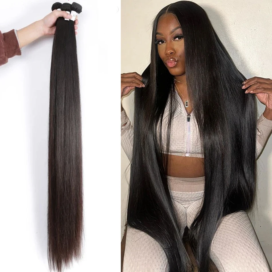 Brazilian 100% Human Hair Straight Bundles Weaving Weave For Black Women 3 4 Bundles Natural 30 32 Inch Bundle Hair Extensions