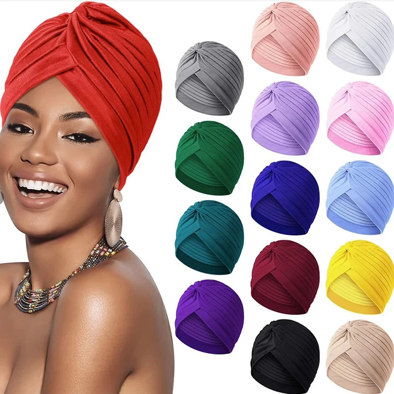 

Stretch Turbans Head Beanie Cover Twisted Pleated Headwrap Assorted Colors Hair Cover Beanie Hats for Women Girls