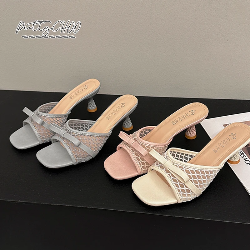 Fancy Lace Net Mule Sandals Woman Square Toe Kitten Heel Slide Slippers Ladies Pink Blue Fishnet Bowknot Design Party Dress Shoe