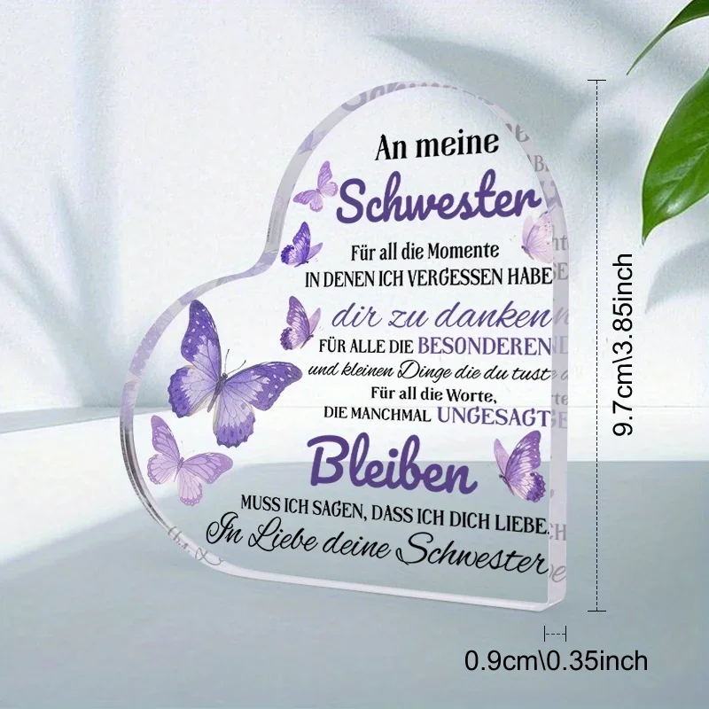 Heart Shaped Acrylic Plaque Gift for Sister Purple Butterfly Desk Decor,To My Sister German Quote Acrylic Heart Keepsake Ornament Gift