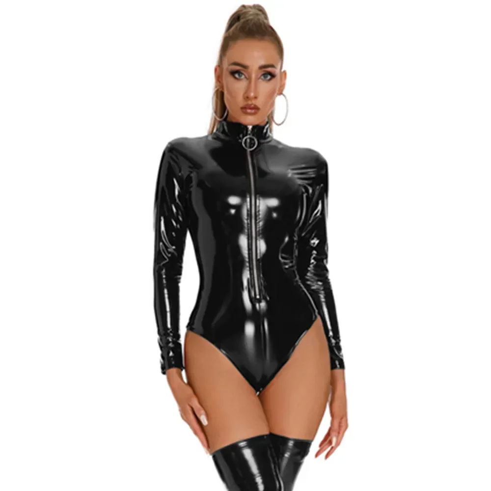 Women Sexy Long Sleeves Leather Bodysuit Erotic Lingerie Crotchless Catsuit Front Zip Glossy Latex Bodycon Clothing