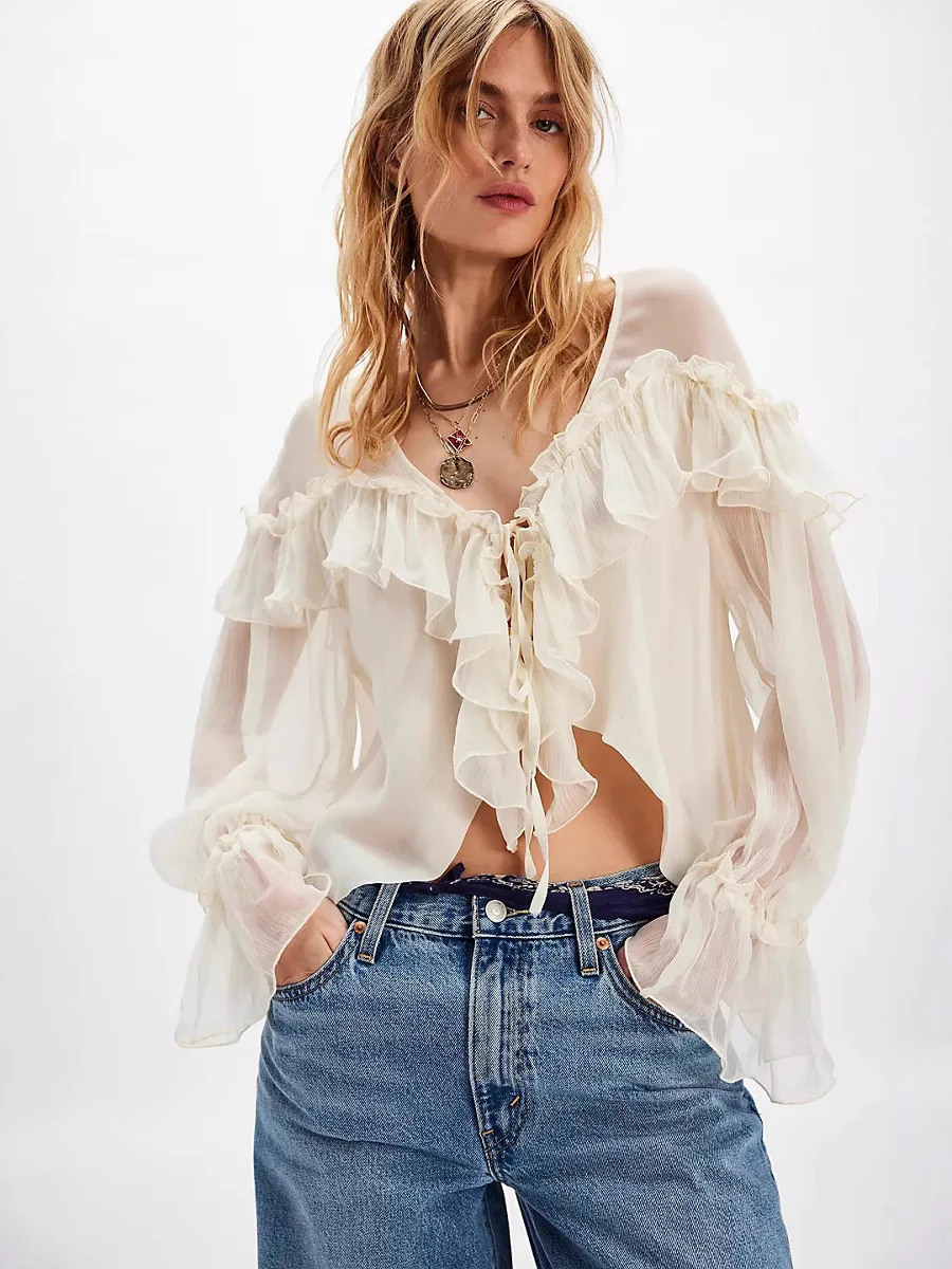 ​​2025 French Style Luxury Chiffon Blouse​​ Women's Sexy V-Neck Ruffle Top with Drawstring Detail Elegant Lantern Sleeve Design