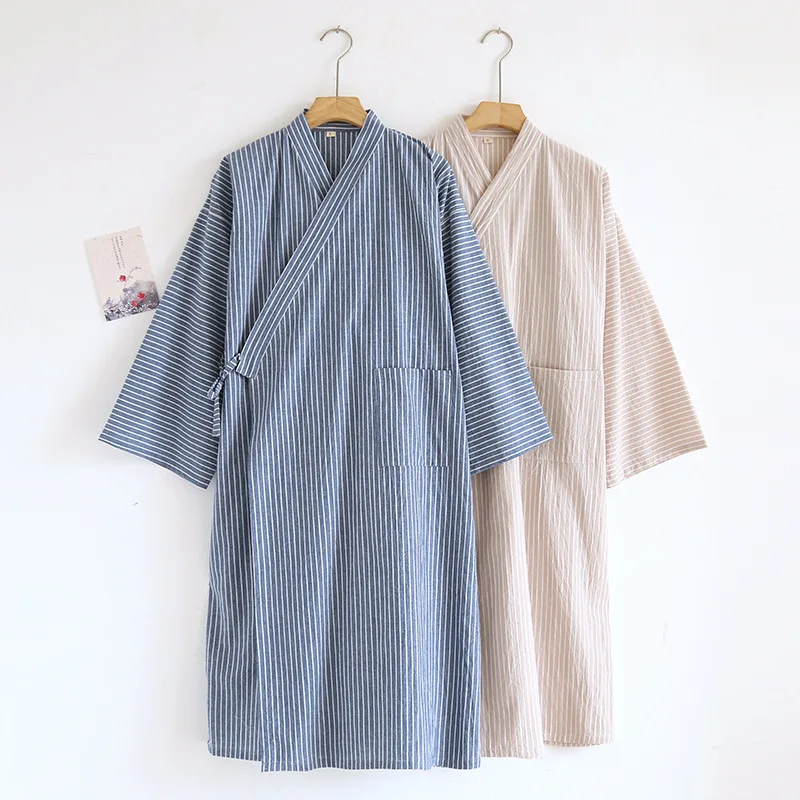 

Spring Autumn Men's Nightgown Hanfu 100% Cotton Lace-up Cardigan Bathrobe Loose Large Size Summer Thin Pajamas Shower Robe