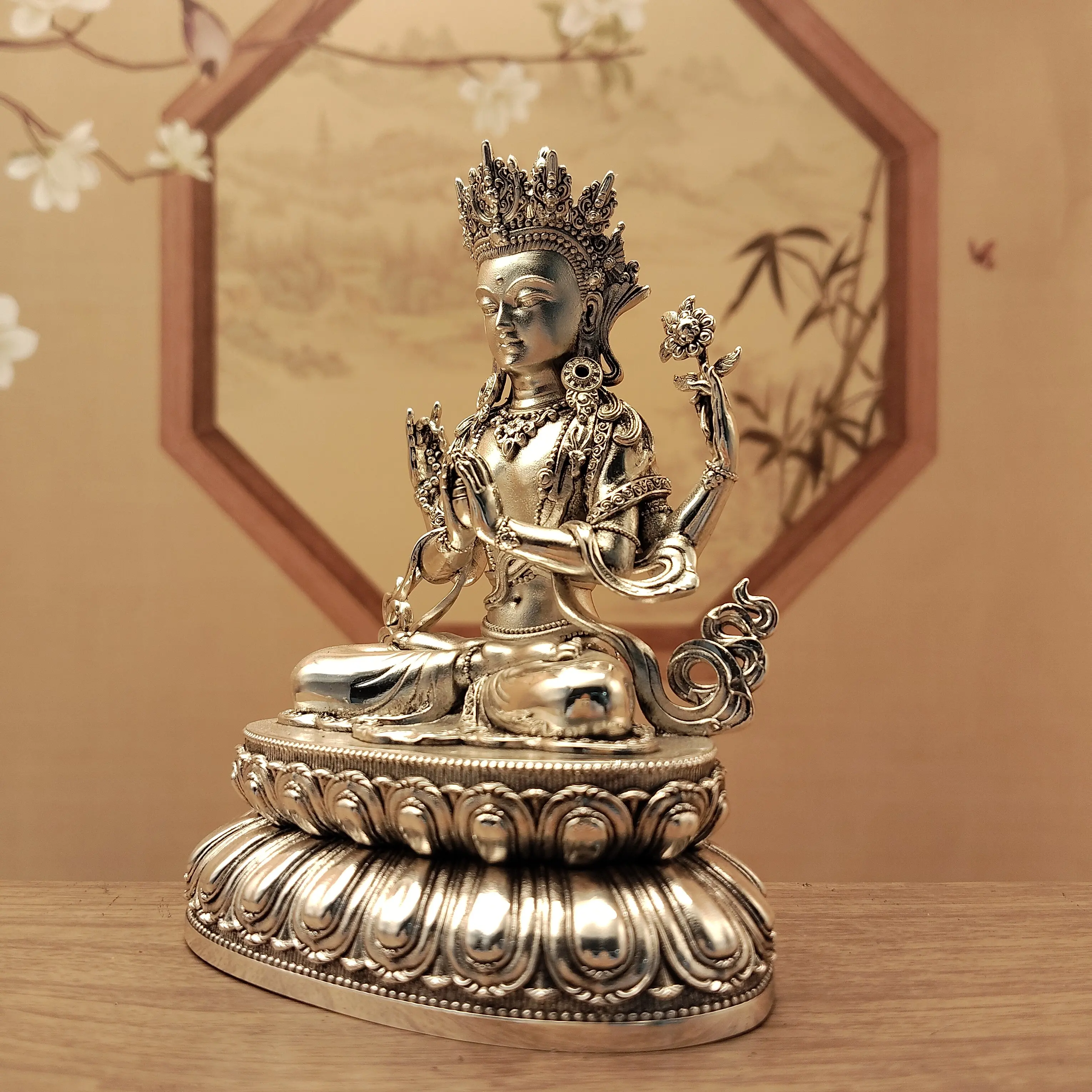 Nepal Craft White Copper Silver-Plated Four-Armed Avalokiteshvara Guanyin Statue 10cm Home Altar Blessing