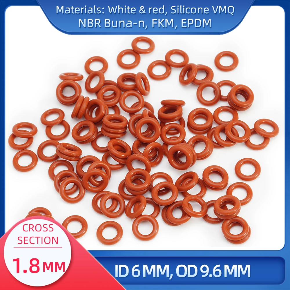 

O Ring CS 1.8 mm ID 6 mm OD 9.6 mm Material With Silicone VMQ NBR FKM EPDM ORing Seal Gaske