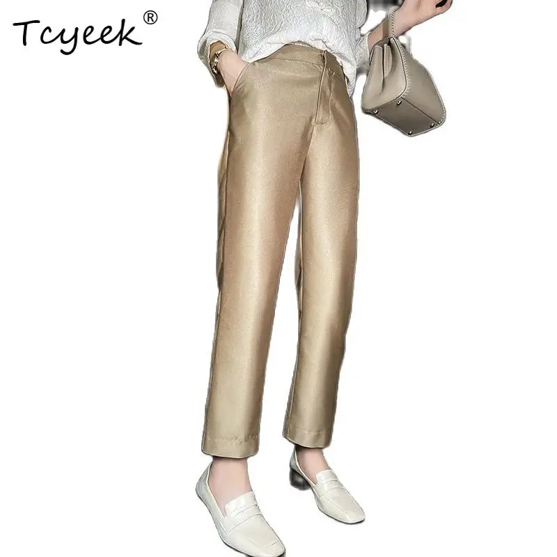 

Tcyeek 16,9% шелковые шерстяные женские брюки с высокой талией, однотонные тонкие офисные женские шаровары, летние осенние брюки B3N839QM
