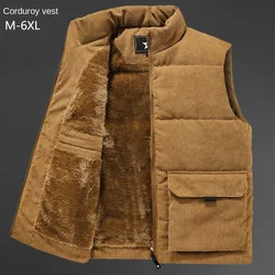 Men's Lamb Sleeveless Jackets Corduroy Multiple Pockets Warm Windproof Waistcoat Zipper Casual Stand Collar Vests Plus Size 6XL