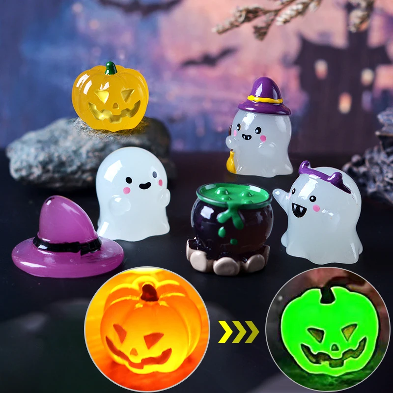 6pcs Set Halloween Luminous Wizard Ghost Decoration Children Decompression Toys Micro Landscape Gardening Accessories Ornaments