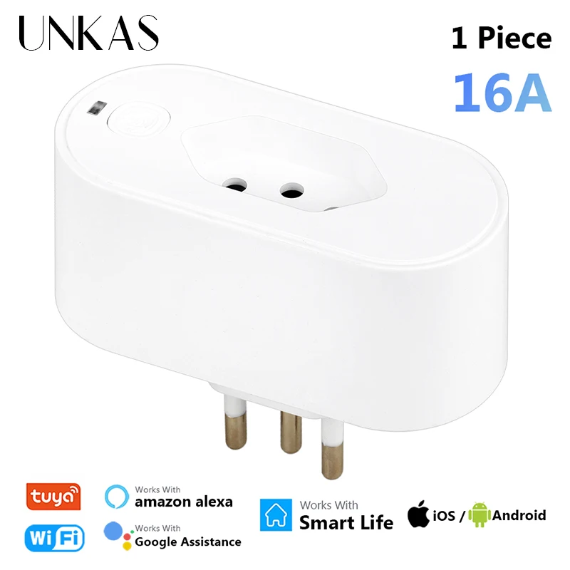 UNKAS Tuya 16A Brazil Standard Wifi Smart Plug Socket Work With Google Home Alexa With Power Monitor APP Remote Control