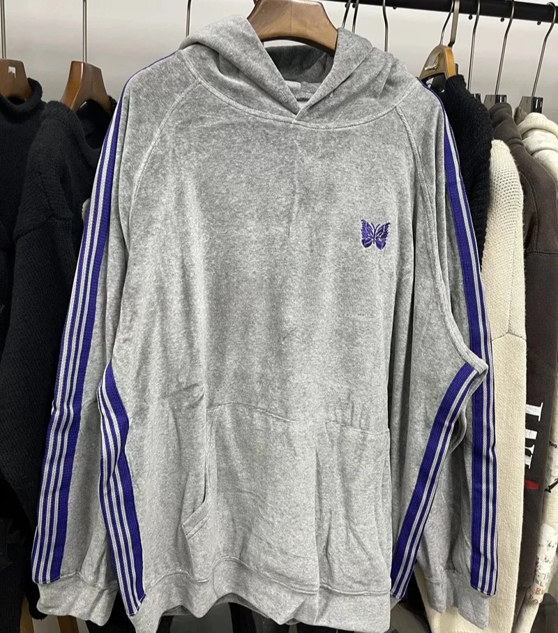

25ss Grey AWGE Butterfly Embroidery Velvet Hoodies Top Quality Mens Stripe Hooded Sweatshirt Women Tracksuit Set With Tags