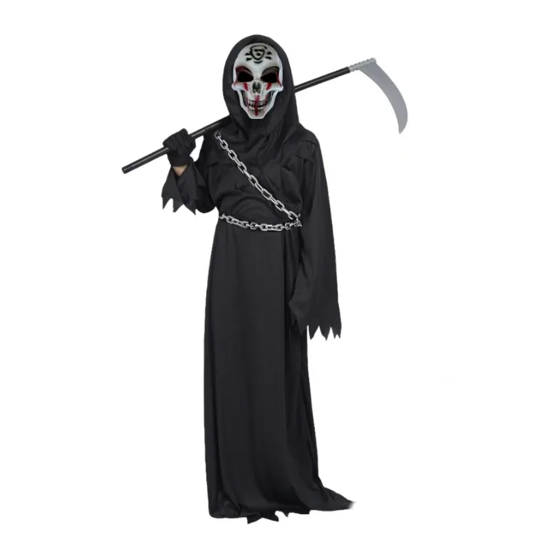 

Child Grim Reaper Blood Drop Skeleton Mask Costume Halloween Horror Spooky Robe Play Costume with Scythe Chain Gloves Gift