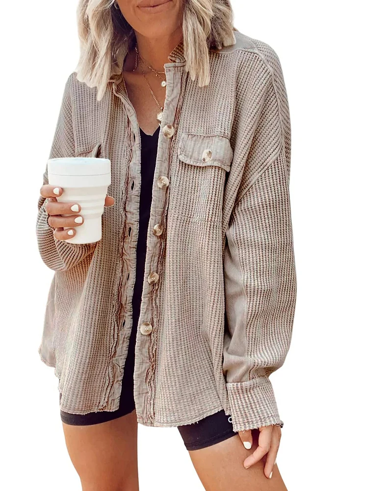 Waffled Shirt Women 2023 New Arrival Baggy Band Collar Button Down Tops Shirts Winter Frayed Knit Shirt Shacket Coat Tops