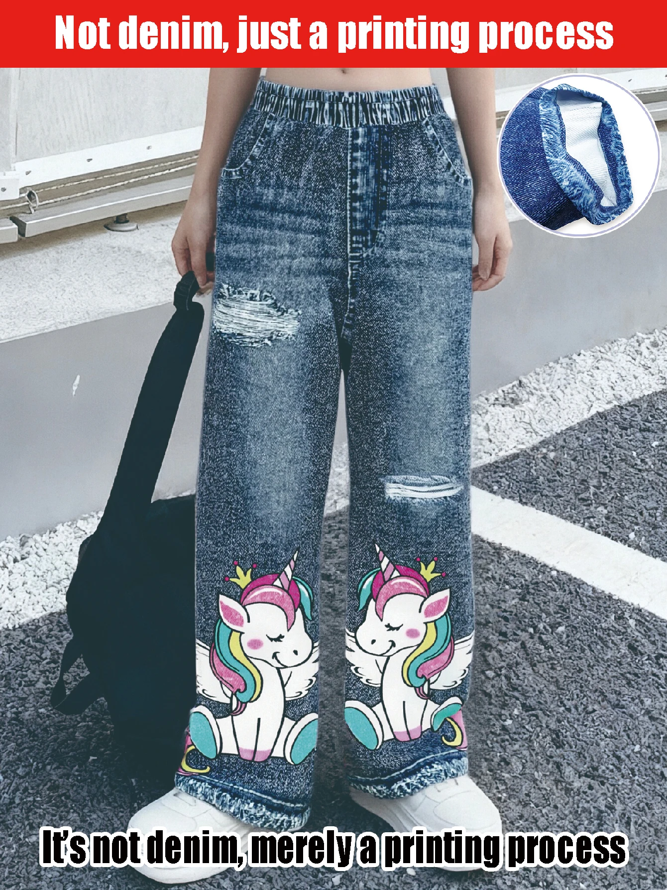 

2025 Girls Fashion Y2K Street Style - Vintage Cute Unicorn Print - Children's Loose Wide Leg Imitation Denim Pants