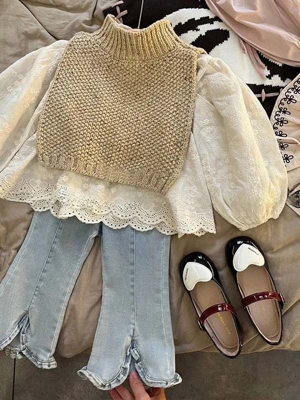 الفتيات محبوك awl الدنيم جرس بوت الرجعية الزي مجموعة ربيع الخريف Faionable الكورية Sle 2025 وصول جديد