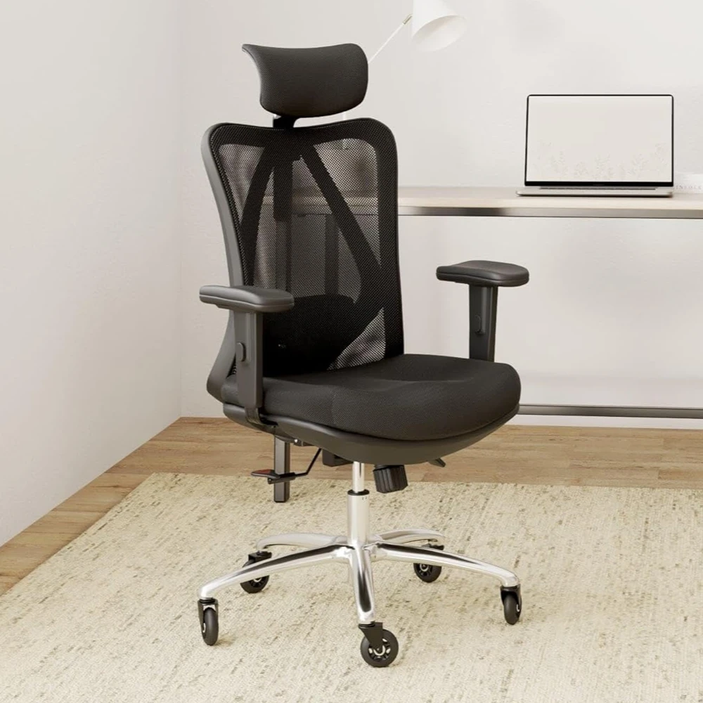 Office chair, ergonomic - adjustable office chair with lumbar support and wheels, high-back chair, breathable mesh