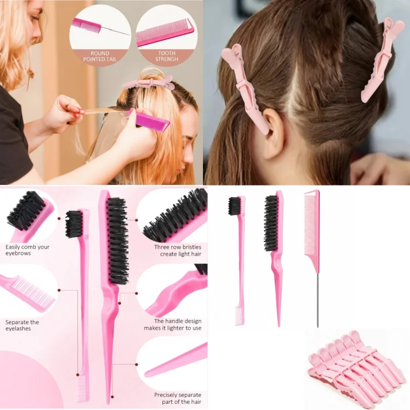 

9-Piece Set Hair Combs And Clips Sharp Tail Comb Triple Layer Hair Comb Steel Needle Mouse Tail Comb Crocodile Hair Clip Eyebrow