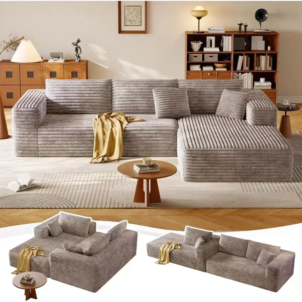 Oversized Deep Seat Comfort Cloud Couch with Bone-Shaped Corduroy, Sectional Sofa for Living Room, Right-Facing Chaise, Camel