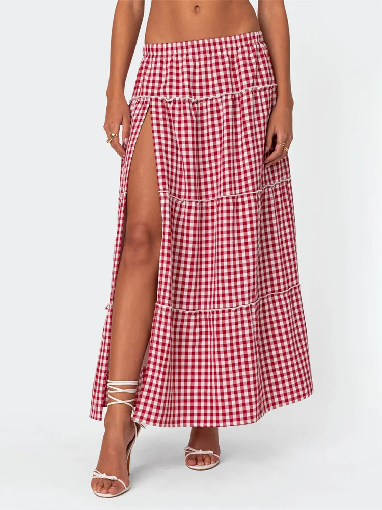 

CHRONSTYLE Women Summer A-Line Long Skirts Casual Plaid Print High Split Elastic Waist Skirts for Beach Vacation Club Streetwear