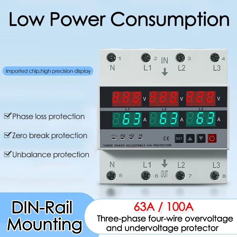 63A/100A 3 Phase 4 Wire Din Rail Over Under Voltage Protector Current Protection Digital Voltmeter Ammeter Power Erengy Meter