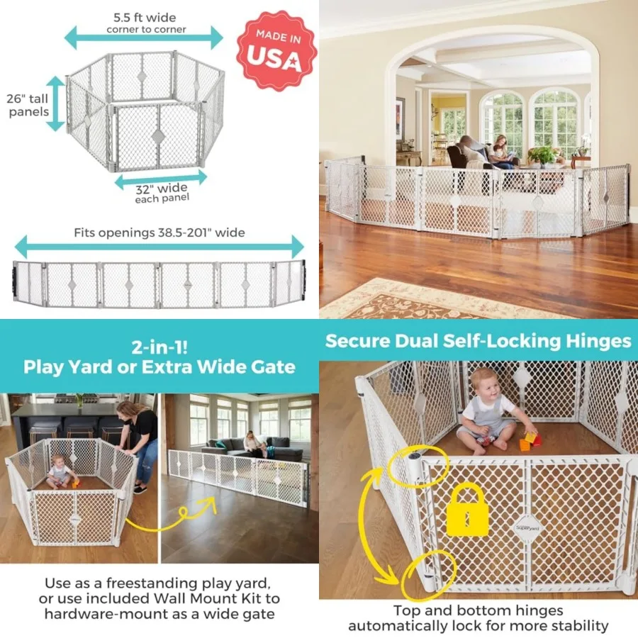 Superyard Duo Extra Wide Baby Gate and Play Yard: 6 Panel Playpen - Included Kit - Made in USA - 38.5 to 201 W - T