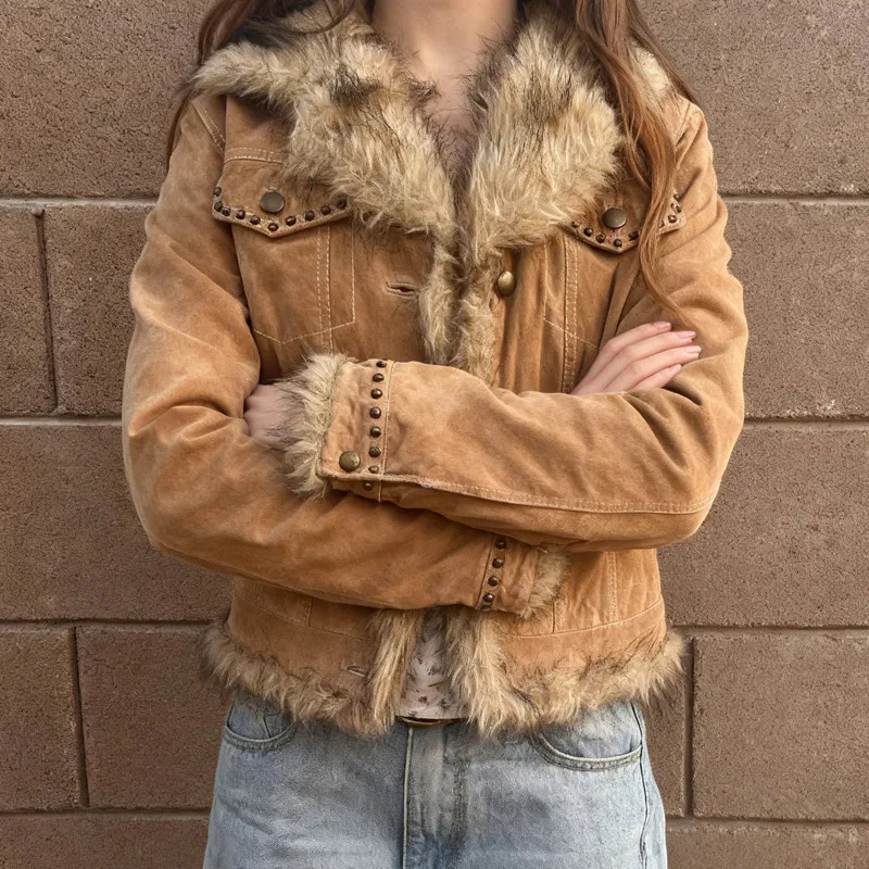 

Короткий тонкий топ с меховым воротником в стиле ретро ​ ​ Кардиган женский осенне-зимний новый модный темпераментный тонкий жакет цвета хаки