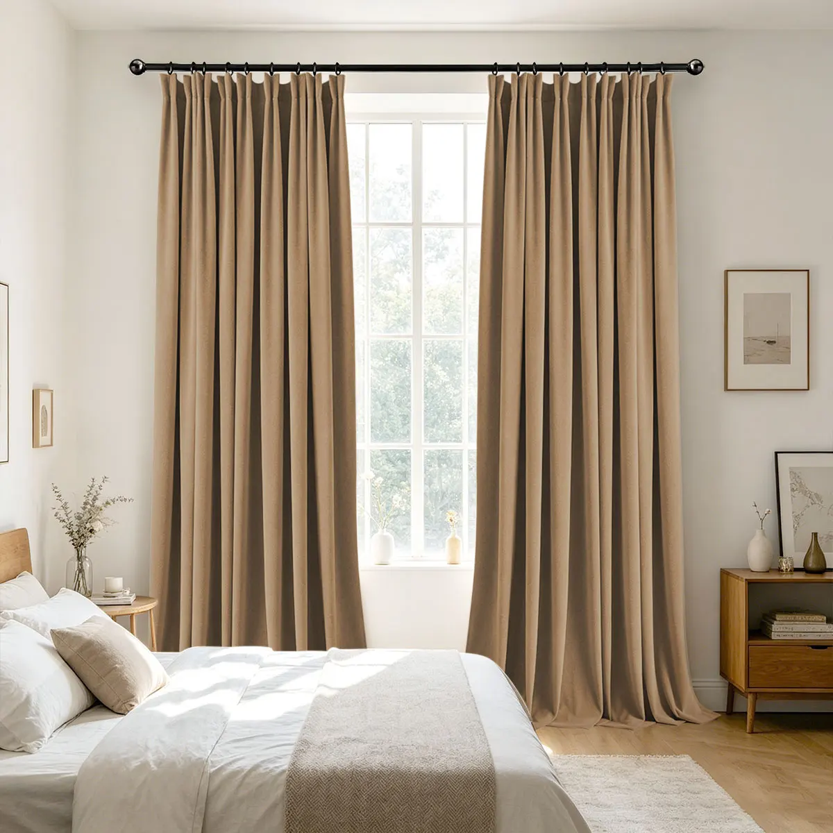 Khaki Camel Velvet Blackout Curtains 2‑Pack, Pinch Pleat Hook Top Drapes for Bedroom Living Room Home Decor