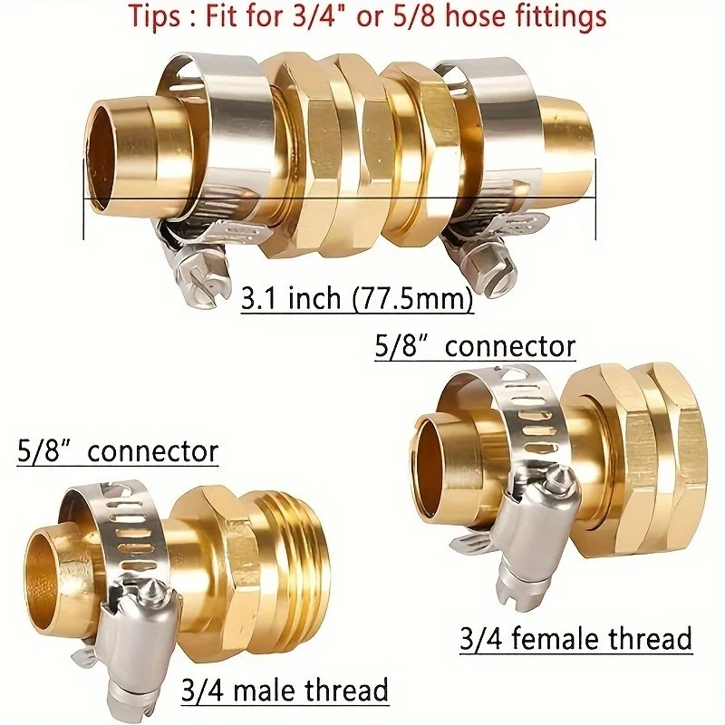 1 Set Garden Hose Repair Connector with Clamps Kit Female & Male Aluminum Water Hose End Replacement Fit for 3/4