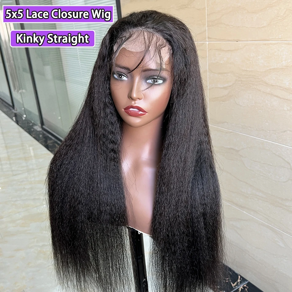 Kinky Straight 5x5 Transparent Lace Closure Perücken 100% Echthaar # 1B Natürliche schwarze Farbe 200% vorgezupfte, gebleichte Knoten Spitzenperücke