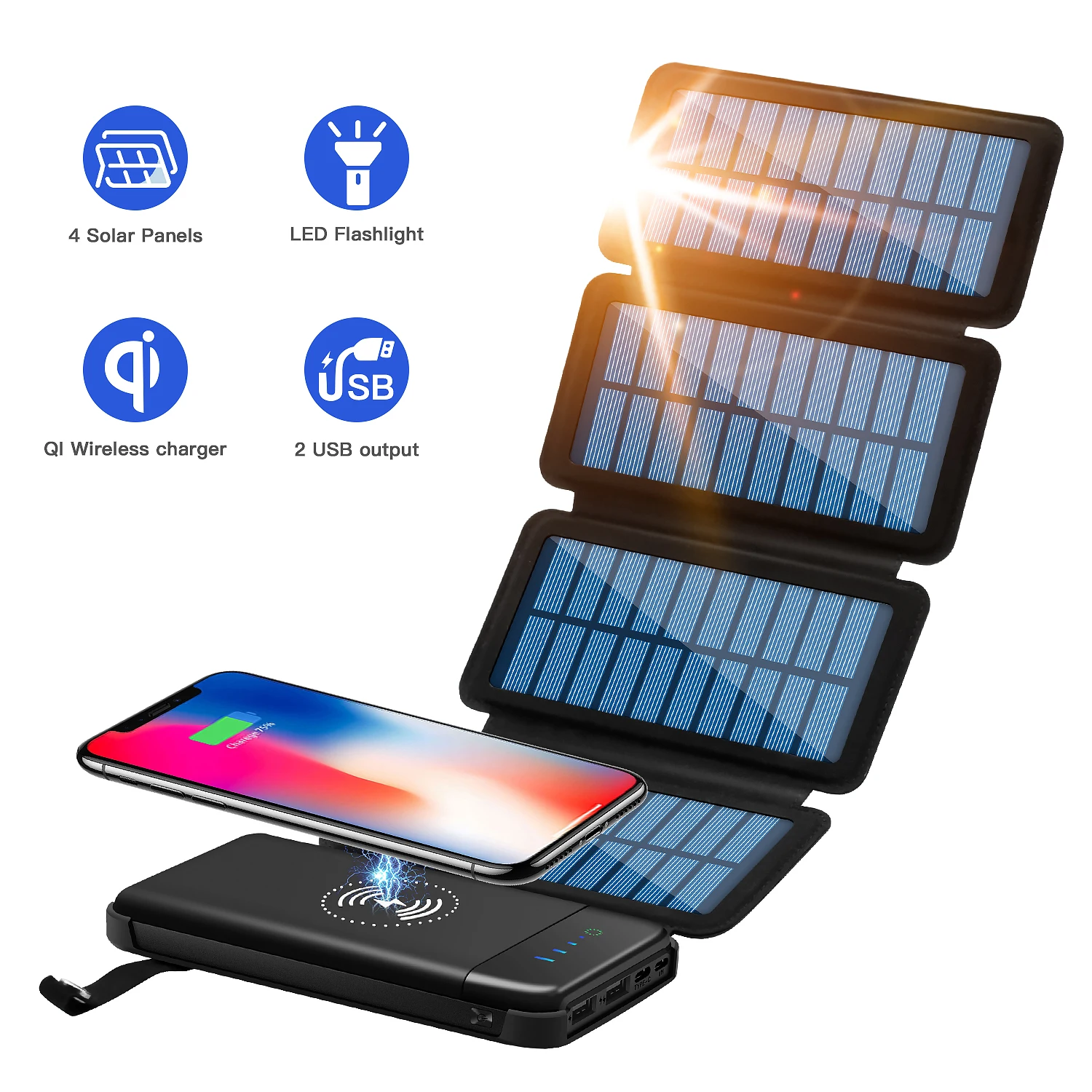 بنك طاقة يعمل بالطاقة الشمسية بقدرة 10000 مللي أمبير في الساعة مع 4 ألواح شمسية قابلة للفصل، قابلة للطي، شحن مغناطيسي، شحن سريع، للاستخدام الخارجي