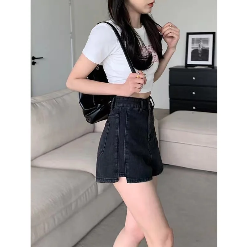 

High Waist A-Line Loose Fit Bla Denim orts Women Summer Slimming Student High Waist Wide Leg Design Trendy Hot Pants