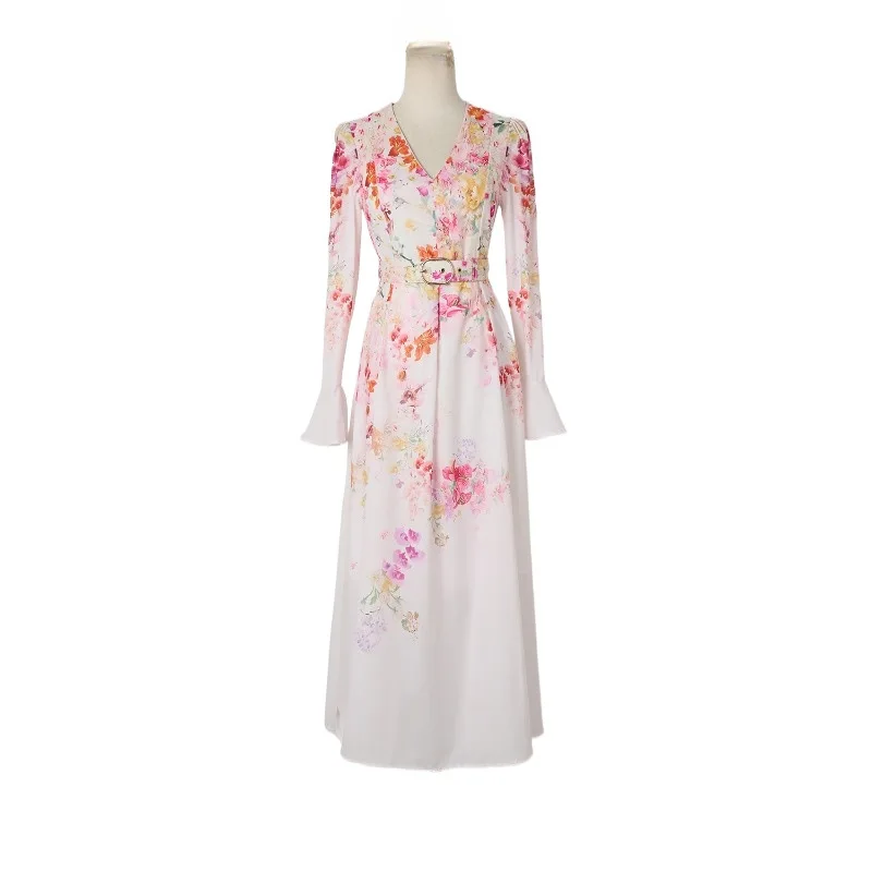 2025 New Australian Niche V-neck Flared Sleeve Pink Flower Print Mid-length Dress Feminine Holiday Dress