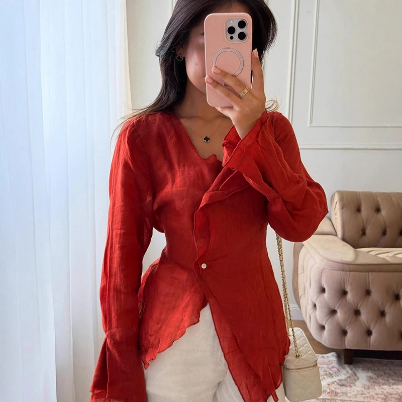 

Tornova 2026, новая повседневная рубашка на шнуровке, женские блузки с v-образным вырезом, нерегулярные блузки с длинными рукавами, весенне-летний женский топ для отдыха