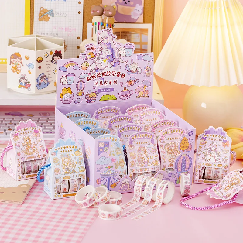 Bronzing and Paper Hand Account Tape Set Portable Gift Pack Cute Girl Cartoon Film Student Creative Sticker