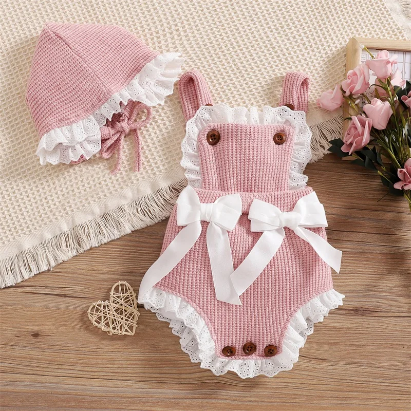 

Toddler Baby Girls 2Pcs Jumpsuit Clothes Suit Summer Contrast Color Bowknot Sleeveless Ruffle Knitted Romper Hat Children Outfit