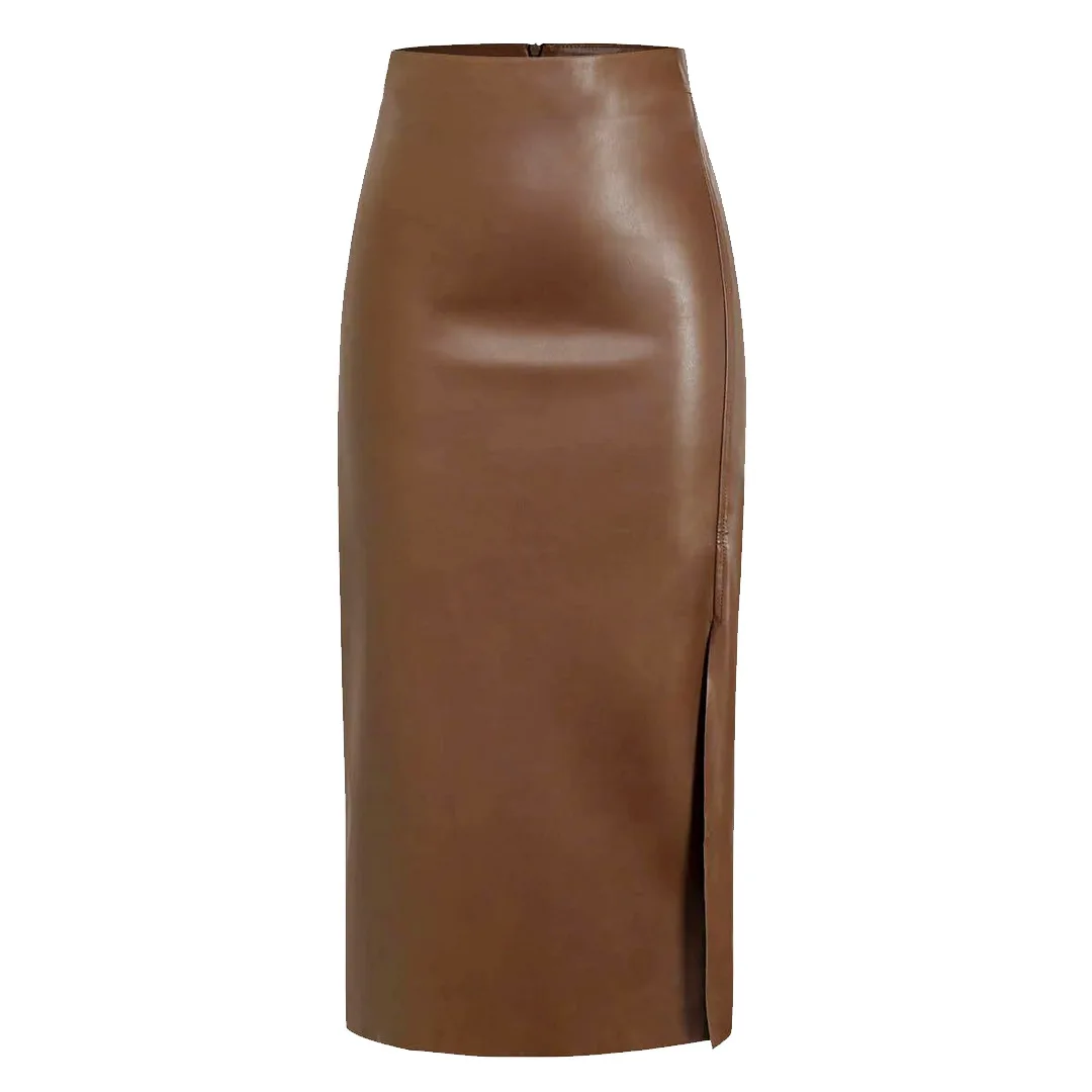 Rok panjang wanita hitam coklat tua krem Pu pensil Bodycon kulit imitasi rok Midi pinggang tinggi dasar pakaian wanita ukuran s-xl