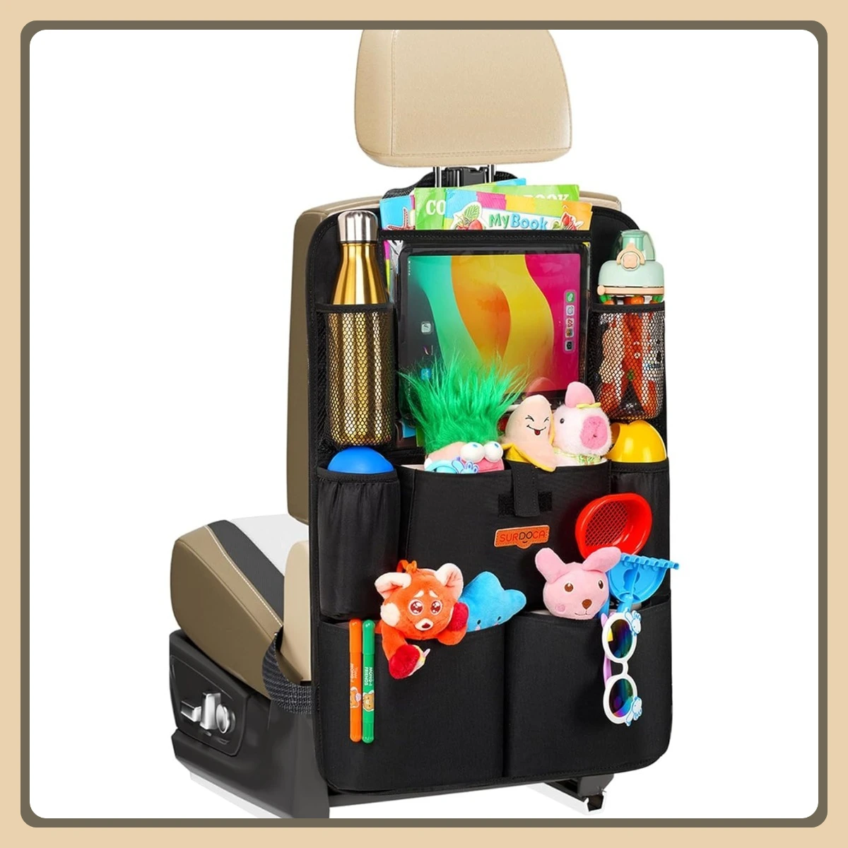 

Upgraded Car Organizer with Tablet Holder, 8-Pocket Seat Protector for Kids Road Trips