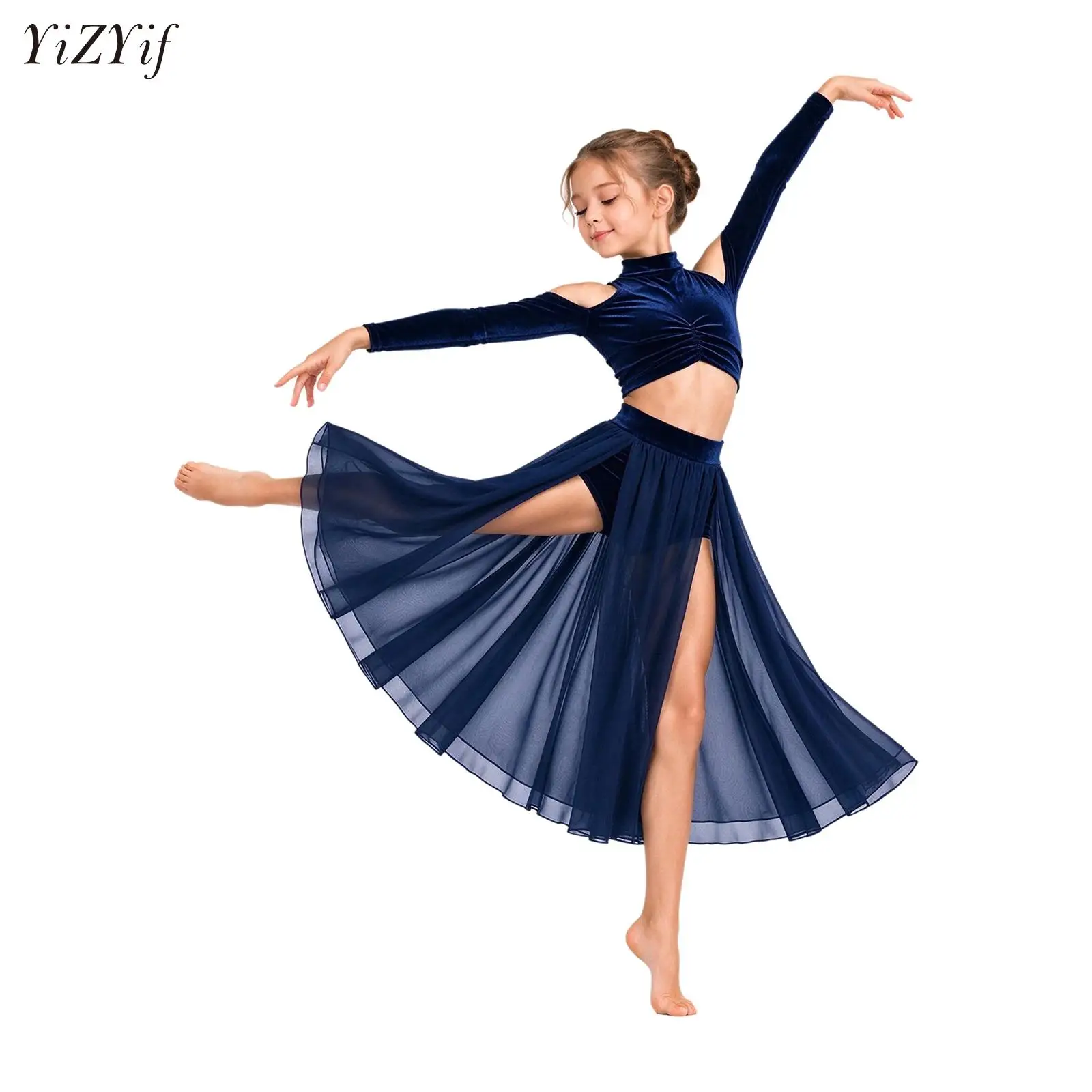 Kids Modern Lyrical Dance Competition Outfit Cold Shoulder Velvet Ballet Crop Tops+Skirt 2-piece Set for Stage Performance