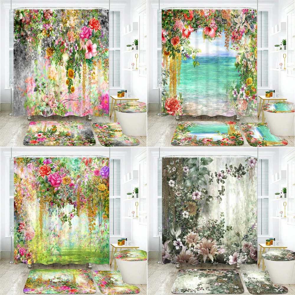 180*180cm Watercolor Flowers Fabric Shower Curtain Set Bath Mats Rugs Bathroom Curtains Anti-slip Rug Toilet Lid Carpet Decor