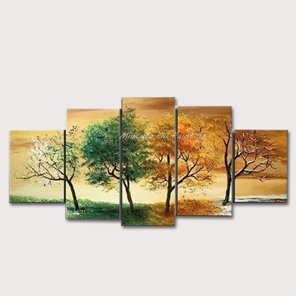 High Quality Hand-Painted 4 Season Tree Oil Painting White Green Red Landscape 5 Pcs Canvas,Wall Art,Set Modern Abstract Picture