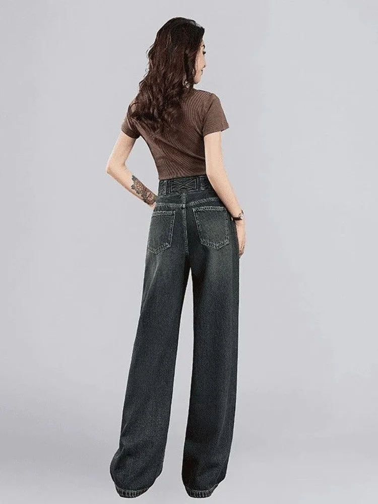 Retro cimento ey perna larga corte reto jeans feminino solto emagrecimento versátil design outono nova chegada calças compridas de cintura alta